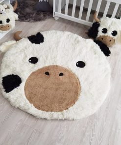 Thamboa Thảm Trải Sàn Hình Bò Highland Trắng Minky Cao Cấp, Mềm Mại An Toàn Cho Bé
