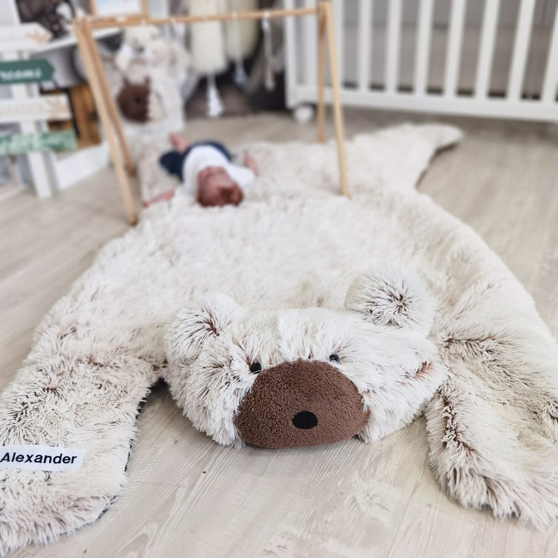 Thamboa Thảm Gấu Shaggy Minky Trải Sàn Cho Bé, Mềm Mại, An Toàn, Thêu Tên Được