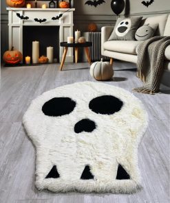 Thamboa Thảm Lót Sàn Lông Xù Hình Đầu Lâu Màu Trắng, Trang Trí Phòng Bé, Halloween
