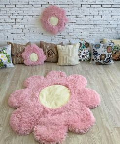 Thamboa Thảm Trải Sàn Hình Hoa Cúc Minky Siêu Mềm Màu Hồng 116cm