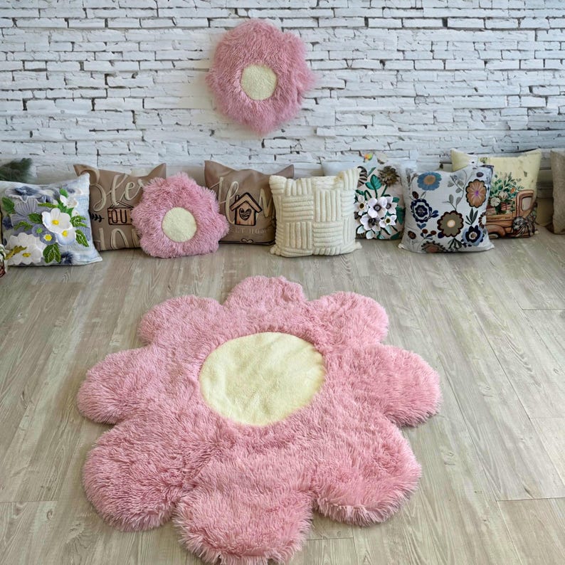 Thamboa Thảm Trải Sàn Hình Hoa Cúc Minky Siêu Mềm Màu Hồng 116cm