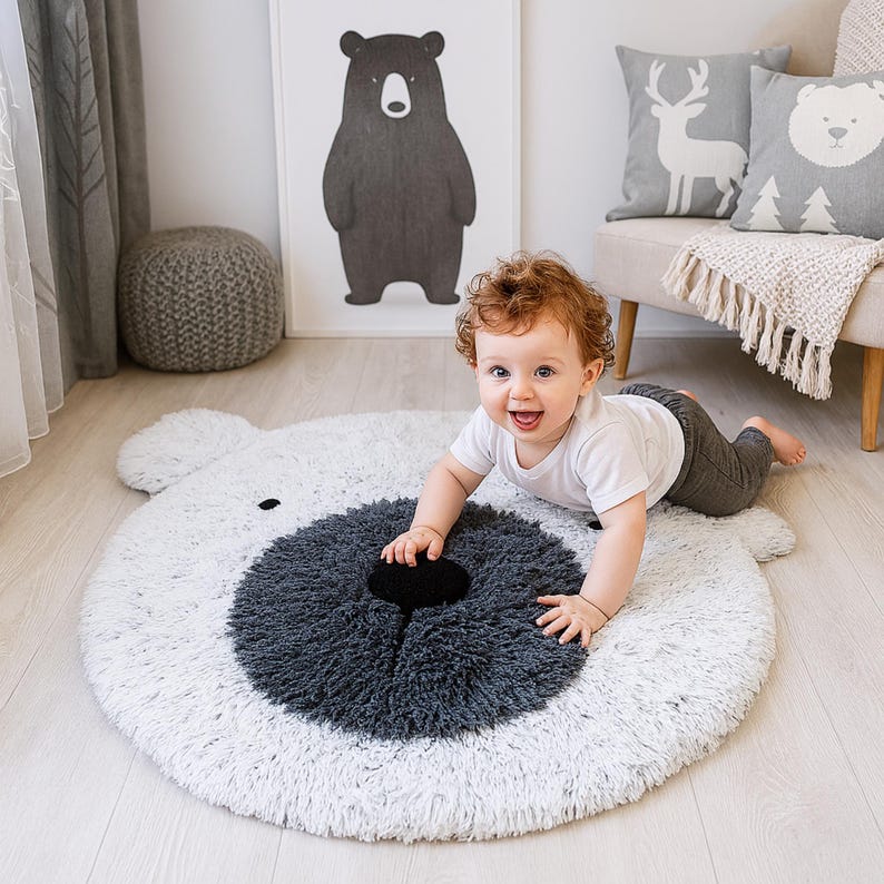 Thamboa Thảm Gấu Tròn Shaggy Minky Cao Cấp, Mềm Mại, An Toàn Cho Bé