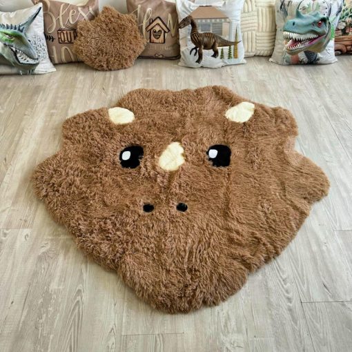 light brown dinosaur rug soft shaggy play mat for kids room plush animal carpet cozy nursery decor custom gift 1692