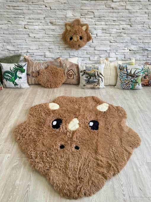 light brown dinosaur rug soft shaggy play mat for kids room plush animal carpet cozy nursery decor custom gift 1694
