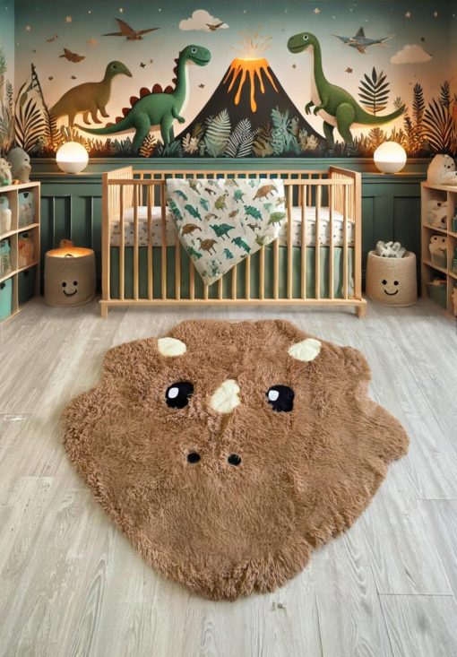 light brown dinosaur rug soft shaggy play mat for kids room plush animal carpet cozy nursery decor custom gift 1695