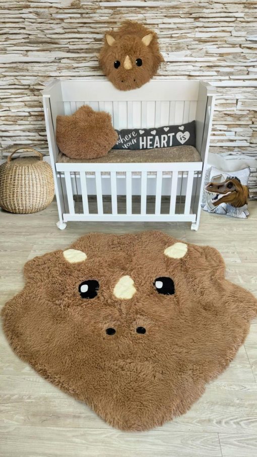 light brown dinosaur rug soft shaggy play mat for kids room plush animal carpet cozy nursery decor custom gift 1696