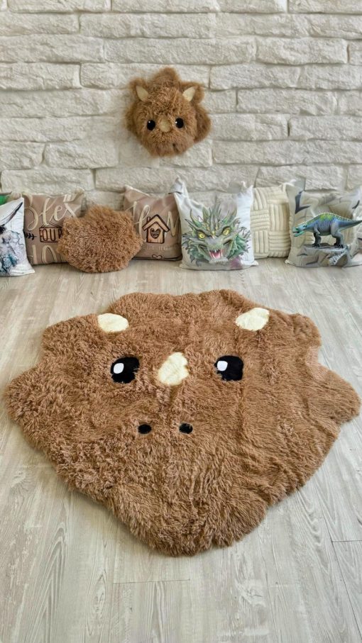 light brown dinosaur rug soft shaggy play mat for kids room plush animal carpet cozy nursery decor custom gift 1698
